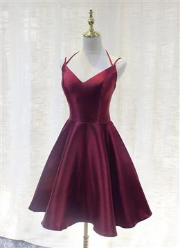 Picture of Burgundy Straps V-neckline Short Party Dresses , Lovely Satin Homecoming Dresses